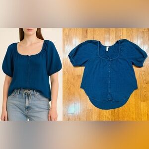 Pilcro Anthropologie Puff-Sleeve Gauze Blouse Womens XS Blue Top Boho Peasant